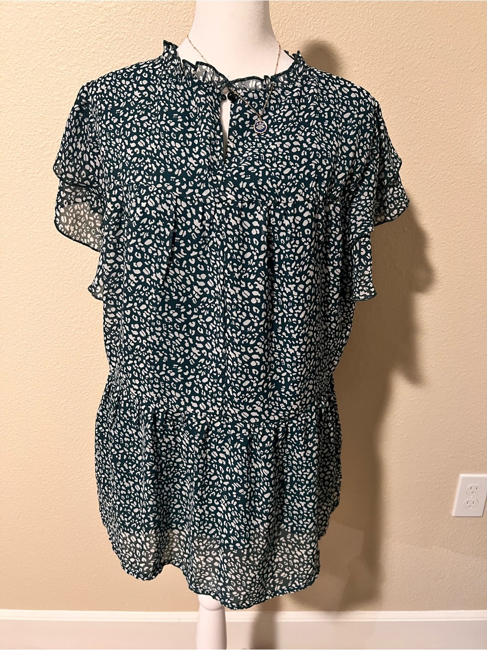 Women's Teal and White Printed Ruffled Blouse